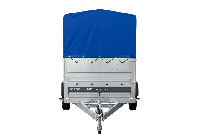 Remorque porte-voitures 230x125 UNITRAILER FORCE 230 KIPP avec ridelles BIS, châssis H-800 et bâche bleue