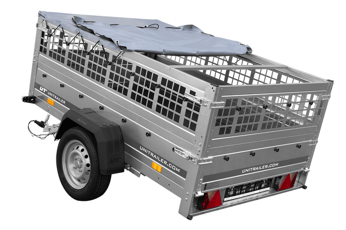Remorque porte-voitures sur ressorts 200x125 UNITRAILER GARDEN 201/R KIPP avec côtés en filet, châssis H-0 et bâche grise