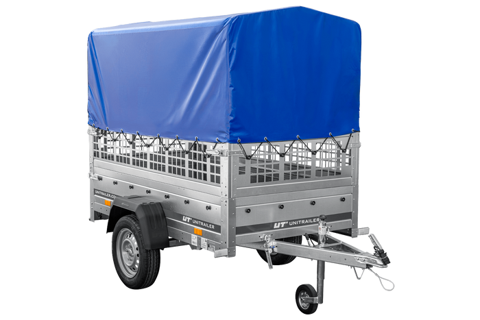 Remorque légère 200x106 UNITRAILER GARDEN 200 KIPP avec côtés en filet, châssis H-800 et bâche bleue