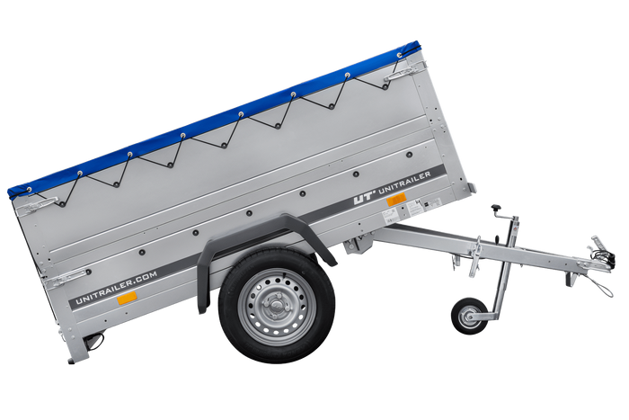 Remorque porte-voitures 200x106 UNITRAILER GARDEN 200 KIPP avec ridelles BIS, châssis H-0 et bâche bleue