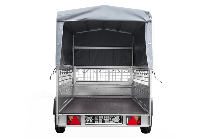 REMORQUE DE JARDIN 264 KIPP AVEC ROUE JOINTE, CÔTÉS GRILLÉS, CHÂSSIS H-800 ET BACHE GRISE