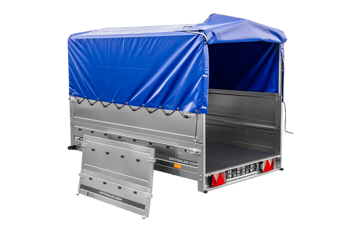 Remorque légère 230x125 UNITRAILER GARDEN 230 KIPP avec côtés BIS, châssis H-800 et bâche bleue