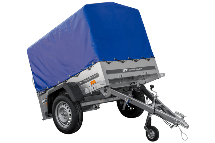 Remorque pour voiture 150x106 bâche bleue + arceau, PTAC 500 kg Garden Trailer 150 KIPP [avec roue jockey]