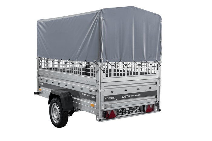 Remorque porte-voitures sur ressorts 230x125 UNITRAILER FORCE 230/R KIPP avec côtés en filet, châssis H-800 et bâche grise