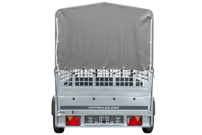 Remorque porte-voitures 230x125 UNITRAILER GARDEN 230 KIPP avec côtés en filet, châssis H-800 et bâche grise
