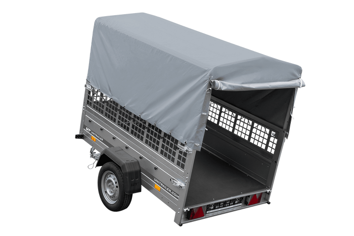 Remorque à un essieu 200x125 UNITRAILER GARDEN 201 KIPP avec ridelles grillagées, châssis H-800 et bâche grise