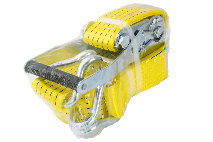 Ensemble de quatre courroies de transport jaunes UNITRAIER 8 m/50 mm/5 t avec tendeur
