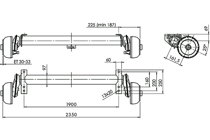 Essieu freiné AL-KO COMPACT pour remorque / dépanneuse 1350kg 1900mm 2350mm 5x112