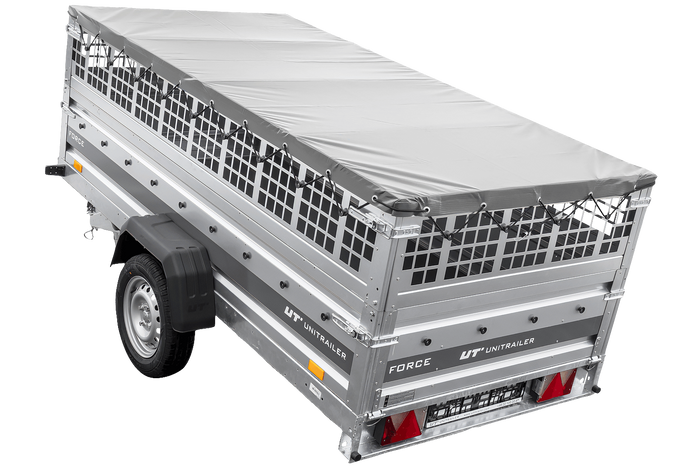 Remorque à un essieu 264x125 UNITRAILER FORCE 264 KIPP avec ridelles grillagées, châssis H-0 et bâche grise