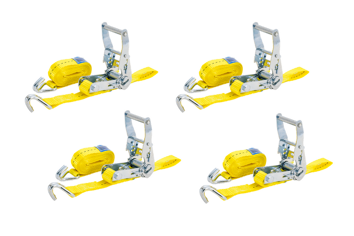 Ensemble de quatre courroies de transport jaunes UNITRAIER 3 m/25 mm/1 t avec tendeur