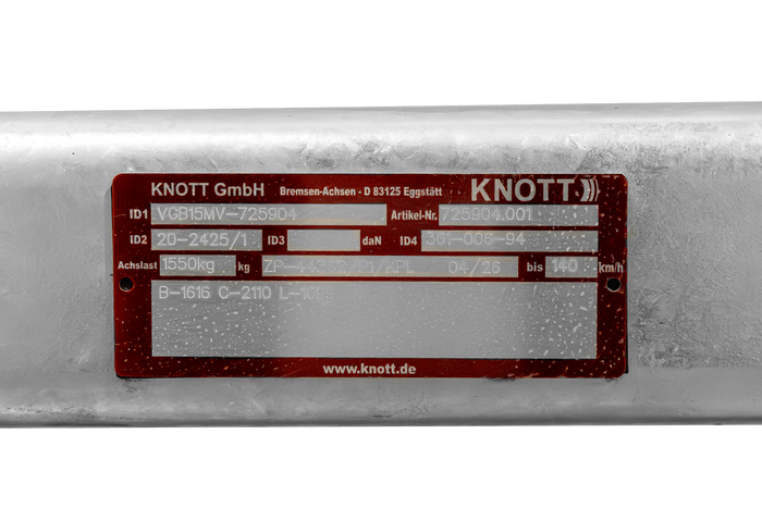 Essieu freiné KNOTT VGB15MV pour remorque/porte-voitures 1550 kg 1616 mm 2110 mm 5x112