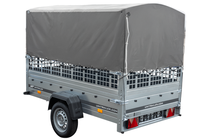 Remorque porte-voitures 230x125 UNITRAILER GARDEN 230 KIPP avec côtés en filet, châssis H-800 et bâche grise