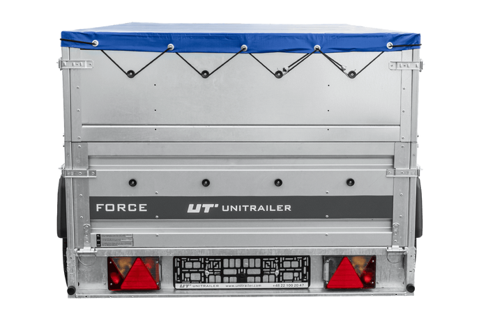 Remorque porte-voitures sur ressorts 230x125 UNITRAILER FORCE 230/R KIPP avec côtés BIS, châssis H-0 et bâche bleue