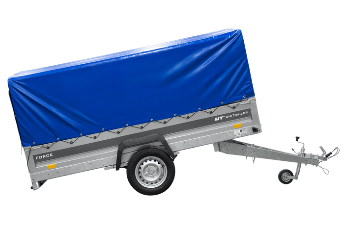 Remorque à un essieu sur ressorts 264x125 UNITRAILER FORCE 264/R KIPP avec châssis H-800 et bâche bleue