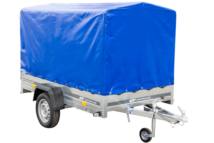 Remorque sur ressorts 230x125 UNITRAILER GARDEN 230/R KIPP avec châssis H-1100 et bâche bleue