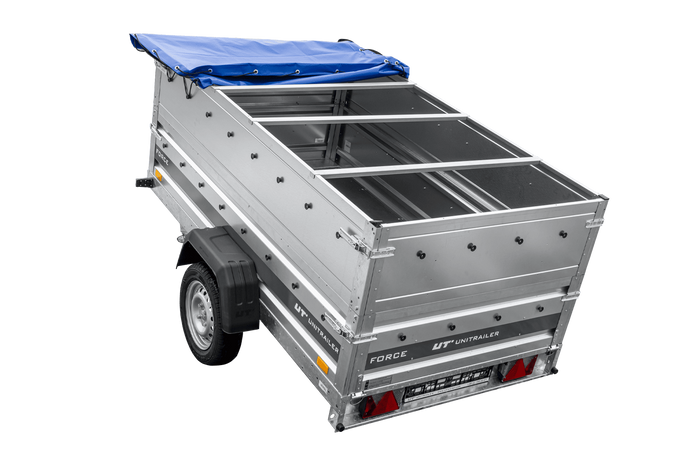 Remorque légère 230x125 UNITRAILER FORCE 230 KIPP avec ridelles BIS, châssis H-0 et bâche bleue