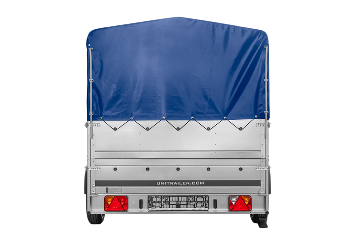 Remorque à un essieu sur ressorts UNITRAILER GARDEN 265/R KIPP 264x150 avec ridelles BIS, châssis H-800 et bâche bleue