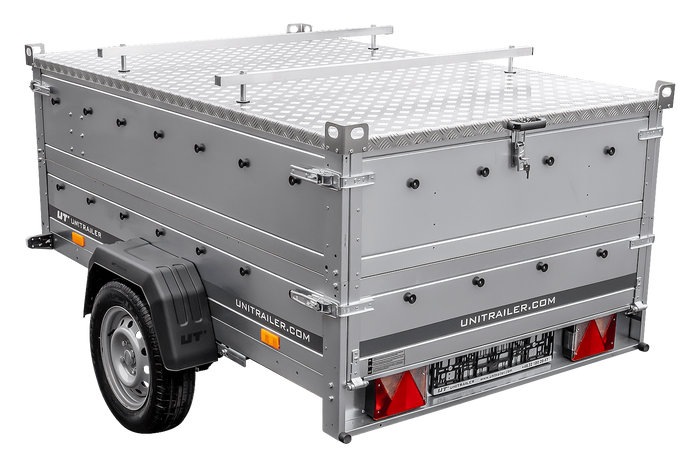 Remorque à un essieu sur ressorts 230x125 UNITRAILER GARDEN 230/R KIPP avec ridelles supplémentaires et capot en aluminium