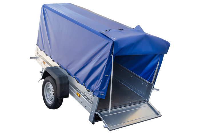 Remorque à un essieu 200x106 UNITRAILER GARDEN 200 KIPP avec châssis H-800 et bâche bleue