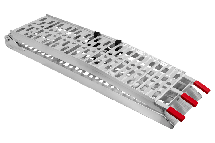 Rampe pliable UNITRAILER ALR003 en aluminium pour remorque, 221 cm, 340 kg, avec sangle et support.
