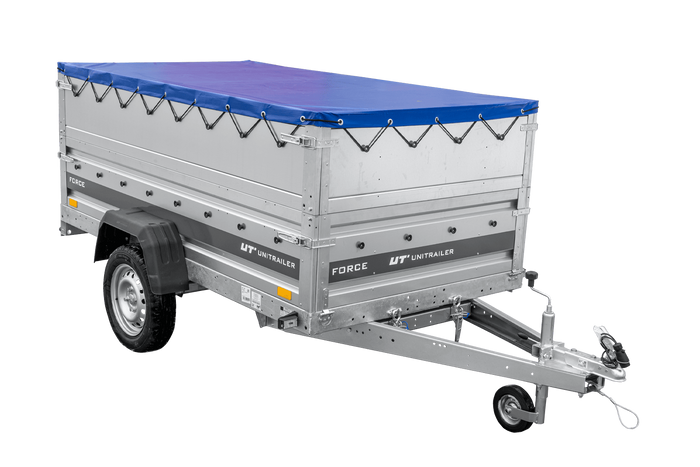 Remorque légère 230x125 UNITRAILER FORCE 230 KIPP avec ridelles BIS, châssis H-0 et bâche bleue