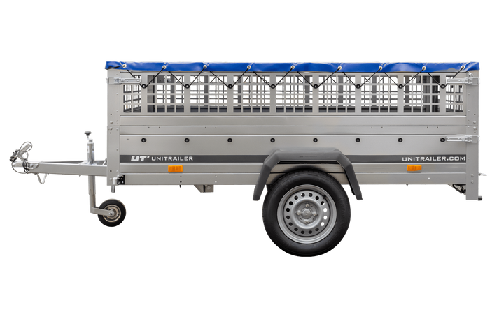 Remorque légère 230x125 UNITRAILER GARDEN 230 KIPP avec côtés en filet, châssis H-0 et bâche bleue