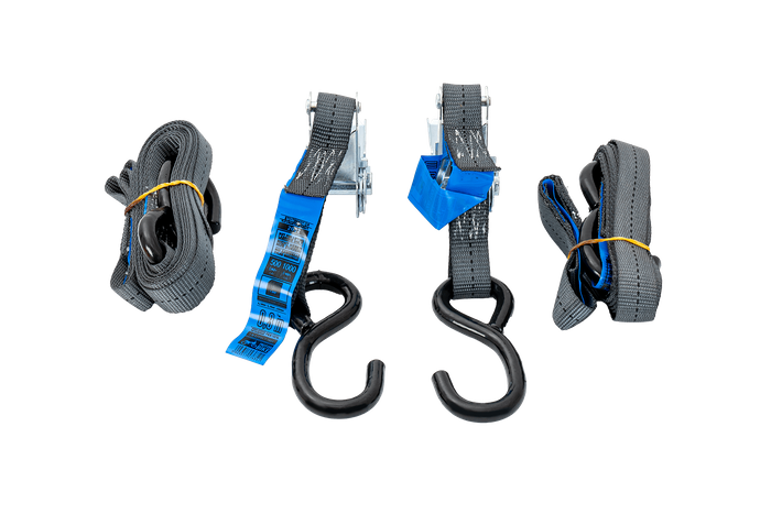 Ensemble de deux sangles de transport HILLS 3m/25mm/1t avec tendeur et deux harnais de 0,45m pour sécuriser la moto