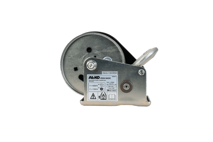 Treuil manuel pour remorque dépanneuse AL-KO 450kg avec une courroie de 6m, frein et déroulement automatique