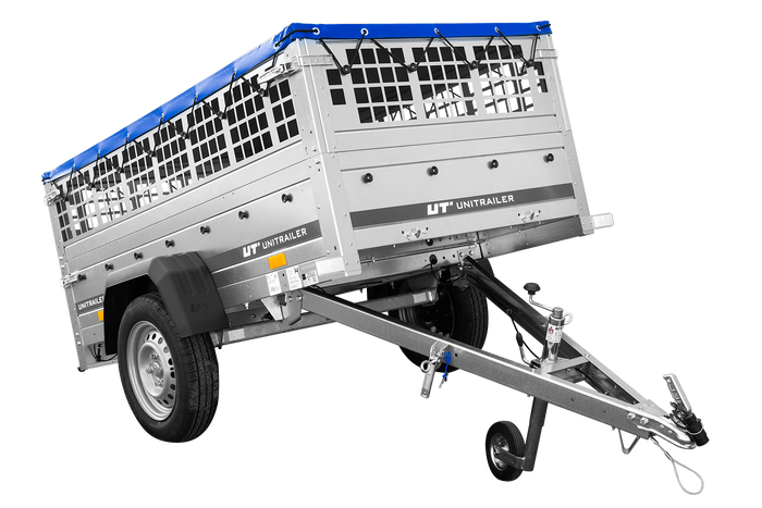 Remorque légère 200x106 UNITRAILER GARDEN 200 KIPP avec côtés en filet, châssis H-0 et bâche bleue