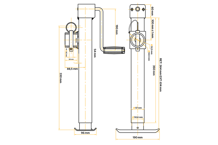 Support de manivelle extensible UNITRAILER TJ5001 pour remorque plateau 1300 kg 364-614 mm