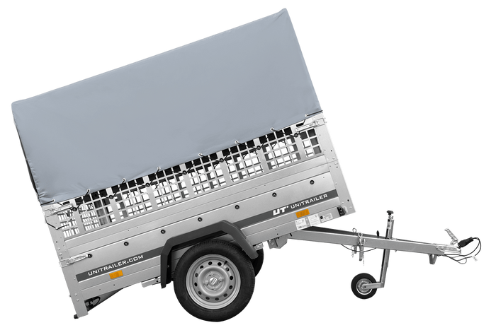 Remorque à un essieu sur ressorts UNITRAILER GARDEN 201/R KIPP 200x125 avec côtés en filet, châssis H-800 et bâche grise