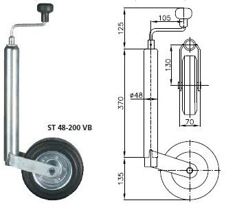 Roue jockey avec collier en fonte WINTERHOFF ST48-200VB+KLE48-G, 150 kg, 48 mm, 505-725 mm