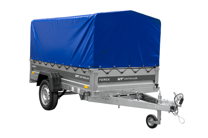 Remorque porte-voitures sur ressorts 230x125 UNITRAILER FORCE 230/R KIPP avec châssis H-800 et bâche bleue