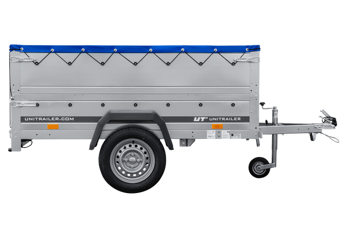 Remorque porte-voitures 200x106 UNITRAILER GARDEN 200 KIPP avec ridelles BIS, châssis H-0 et bâche bleue