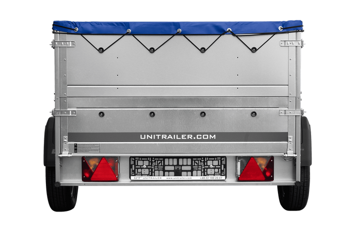 Remorque légère sur ressorts 200x125 UNITRAILER GARDEN 201/R KIPP avec ridelles BIS, châssis H-0 et bâche bleue
