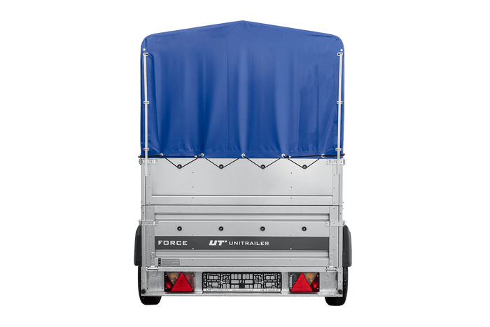 Remorque porte-voitures 230x125 UNITRAILER FORCE 230 KIPP avec ridelles BIS, châssis H-800 et bâche bleue