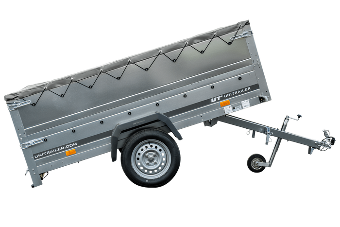 Grande remorque 230x125 avec bâche plate grise, tiges de support bâche, rehausses de ridelles et roue jockey - Garden Trailer 230 KIPP