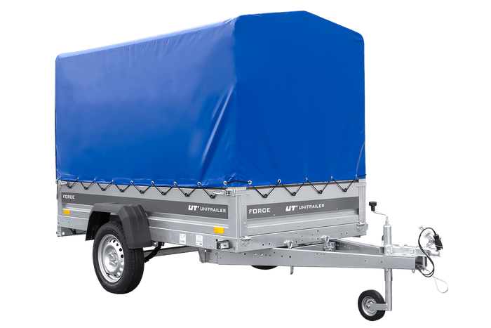 Remorque porte-voitures sur ressorts 230x125 UNITRAILER FORCE 230/R KIPP avec châssis H-1100 et bâche bleue