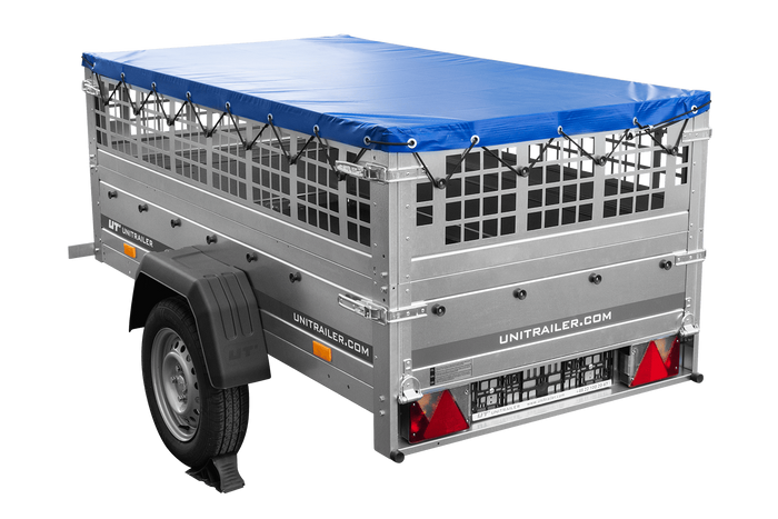Remorque légère 200x106 UNITRAILER GARDEN 200 KIPP avec côtés en filet, châssis H-0 et bâche bleue