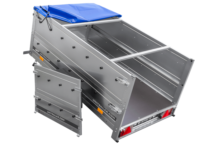 Remorque Garden Trailer 200 Kipp avec roue jockey, rehausses, châssis H-0 et bâche bleue