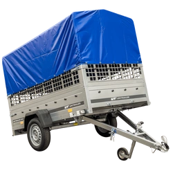 Remorque porte-voitures sur ressorts 230x125 UNITRAILER GARDEN 230/R KIPP avec côtés en filet, châssis H-800 et bâche bleue