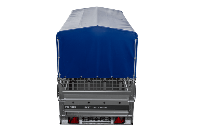 Remorque porte-voitures 264x125 UNITRAILER FORCE 264 KIPP avec côtés en filet, châssis H-800 et bâche bleue