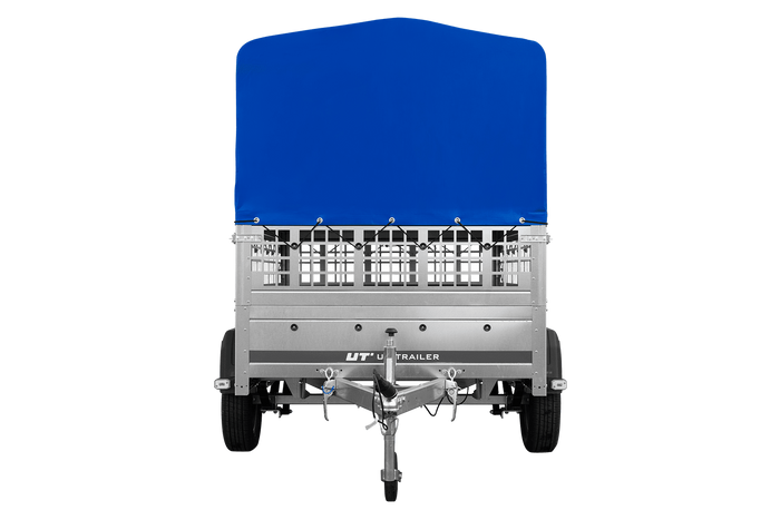 Remorque à un essieu sur ressorts UNITRAILER GARDEN 201/R KIPP 200x125 avec ridelles grillagées, châssis H-800 et bâche bleue