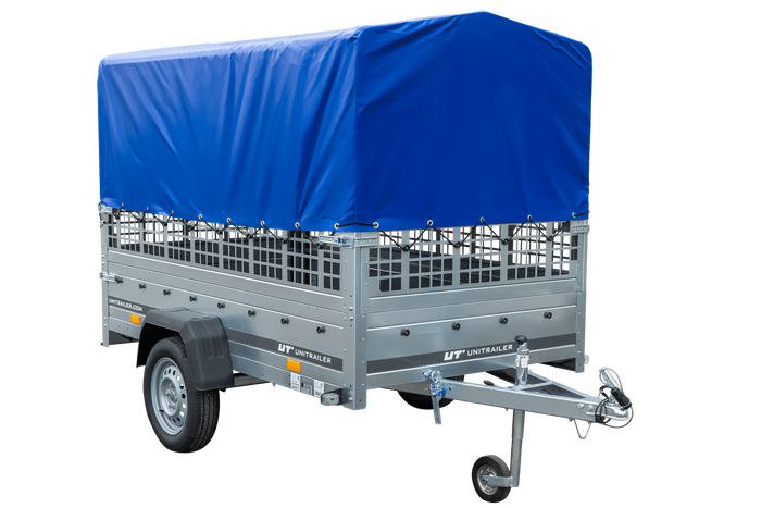 Remorque à un essieu 230x125 UNITRAILER GARDEN 230 KIPP avec côtés en filet, châssis H-800 et bâche bleue