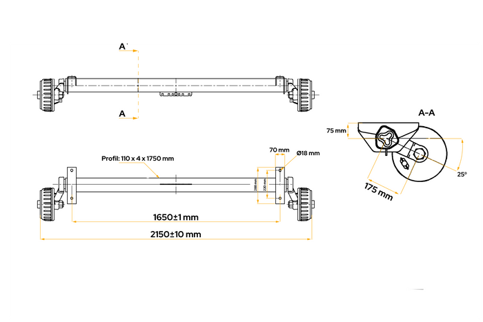 Essieu freiné AL-KO EURO pour remorque/porte-voitures 1800 kg 1650 mm 2150 mm 5x112