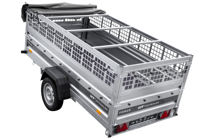 Remorque à un essieu sur ressorts 264x125 UNITRAILER FORCE 264/R KIPP avec côtés en filet, châssis H-0 et bâche grise