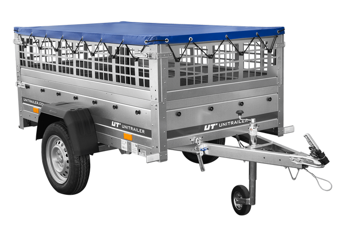 Remorque légère 200x106 UNITRAILER GARDEN 200 KIPP avec côtés en filet, châssis H-0 et bâche bleue