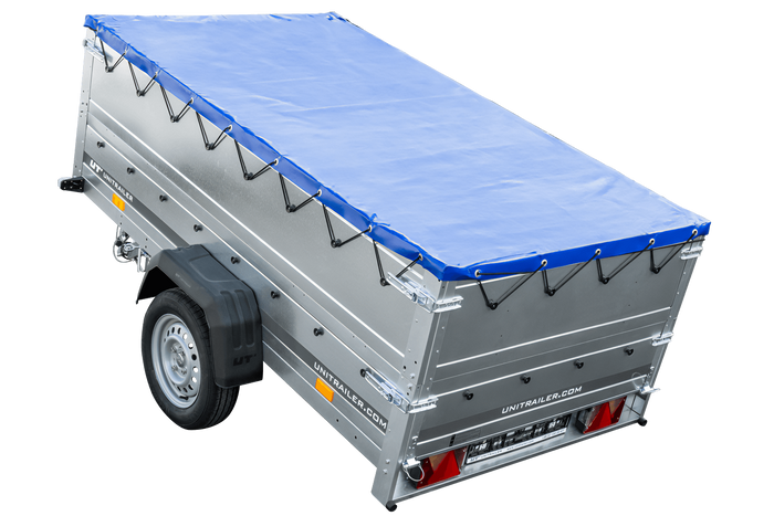 REMORQUE DE JARDIN 230 KIPP AVEC ROUE JOINTE, GLISSIÈRES BIS ET BÂCHE PLATE BLEUE