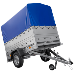 Remorque Garden Trailer 200 Kipp avec roue jockey, rehausses supplémentaire, arceau H-800 et bâche bleue