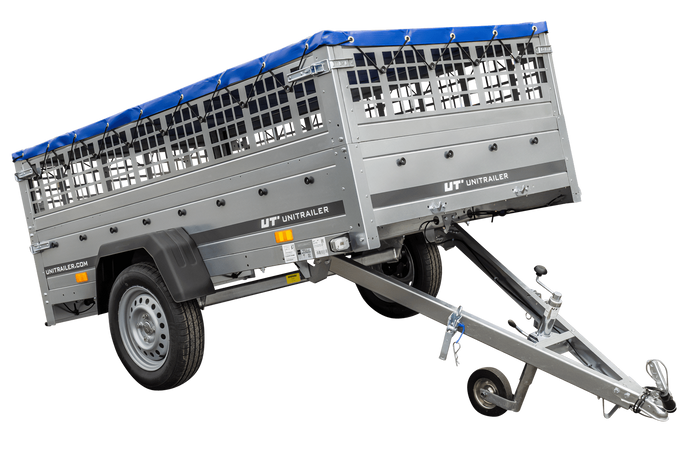 Remorque légère 230x125 UNITRAILER GARDEN 230 KIPP avec côtés en filet, châssis H-0 et bâche bleue